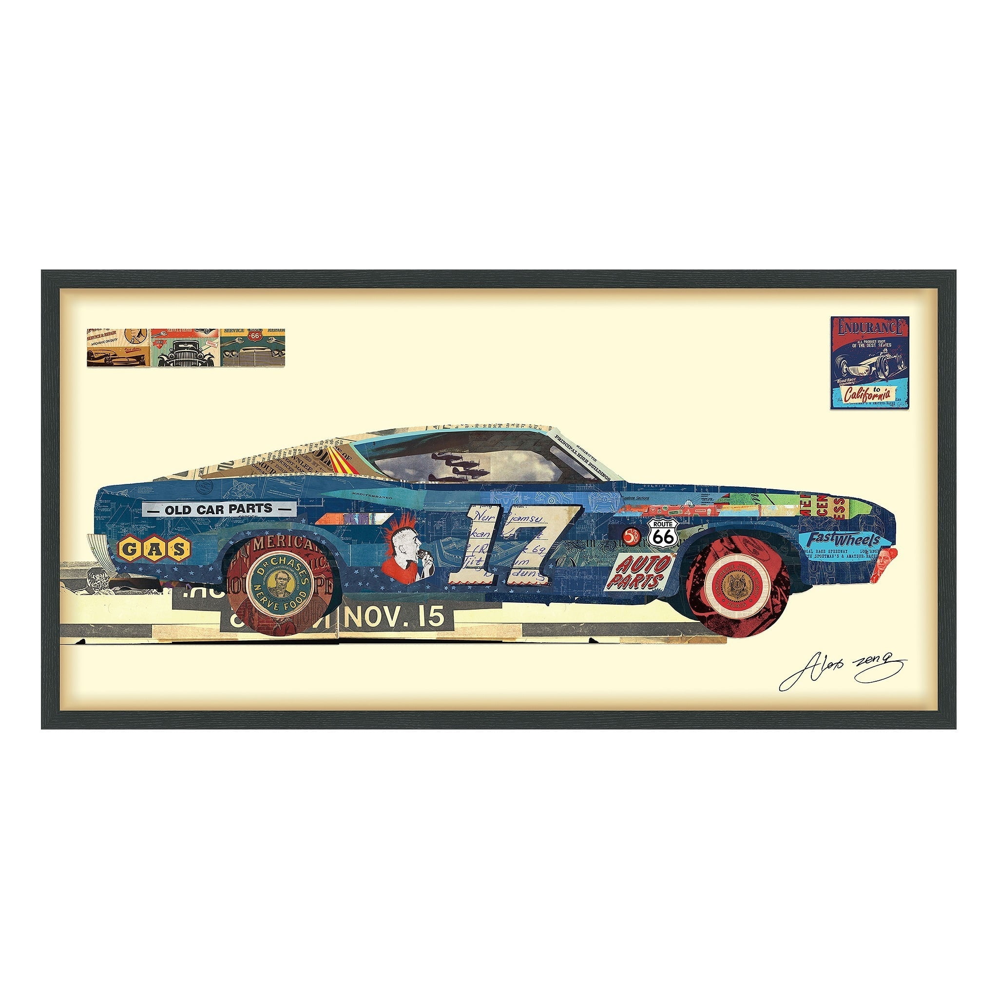 Blue Ford Torino Dimensional Collage Framed Graphic Art Under Glass
