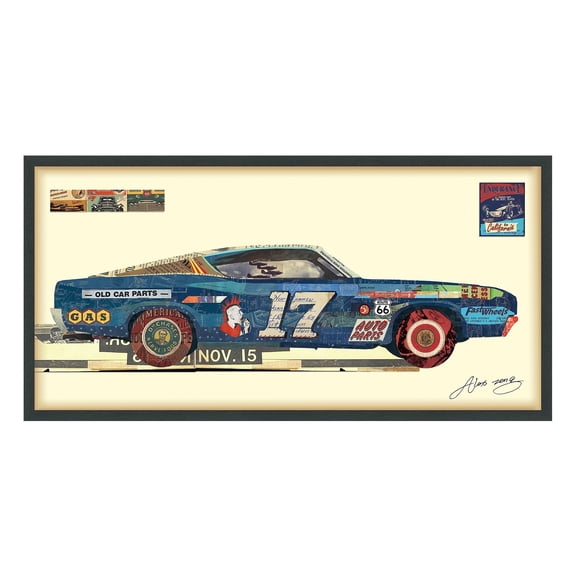 "Muscle Blue Car" Dimensional Collage Framed Graphic Art Under Glass Wall Art