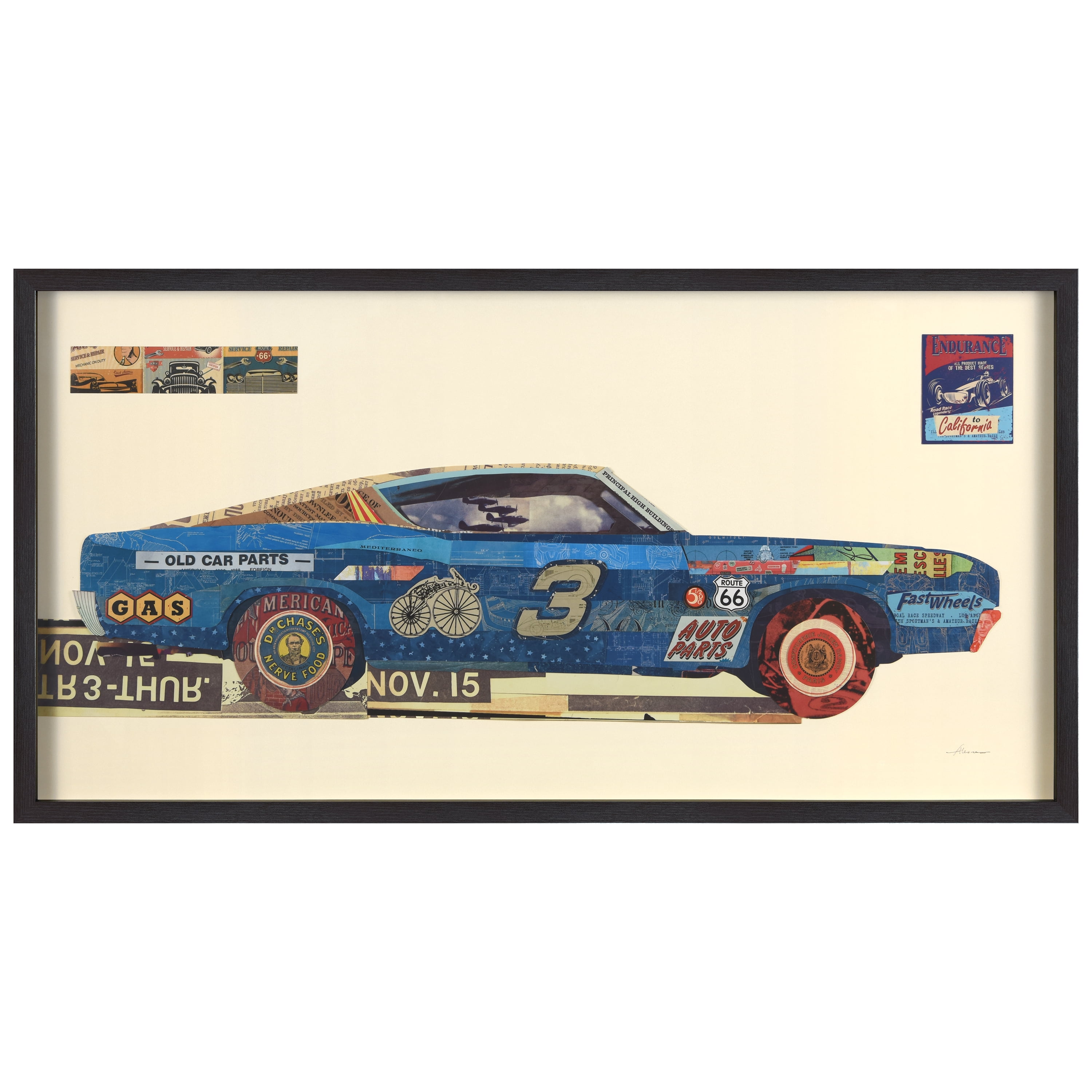 "Muscle Blue Car" Dimensional Collage Framed Graphic Art Under Glass Wall Art