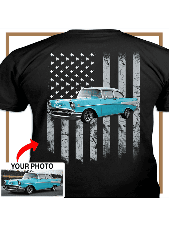 Muscle Car Personalized T-shirt, classic car custom photo t-shirt, American flag t-shirt father's day Xmas gift for car guys Print on the back, American flag t-shirt (bk05)