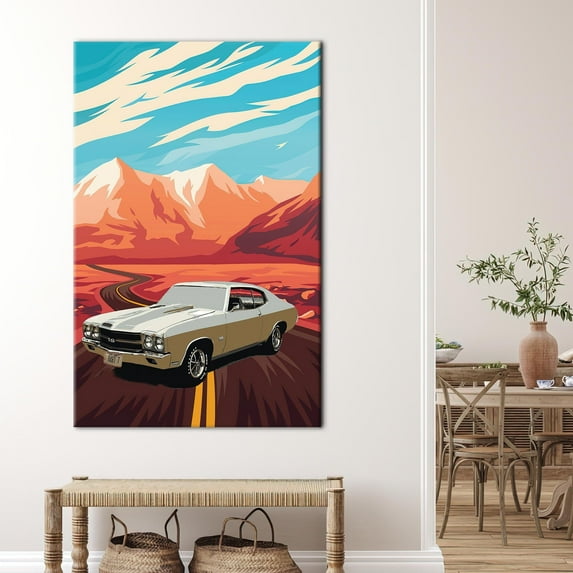 Muscle Car Wall Art, Car Artwork, Retro American Car Art, Retro American Muscle Poster, Vintage Car Artwork, American Muscle Artwork, Canvas Wall Decor - Natural Framed