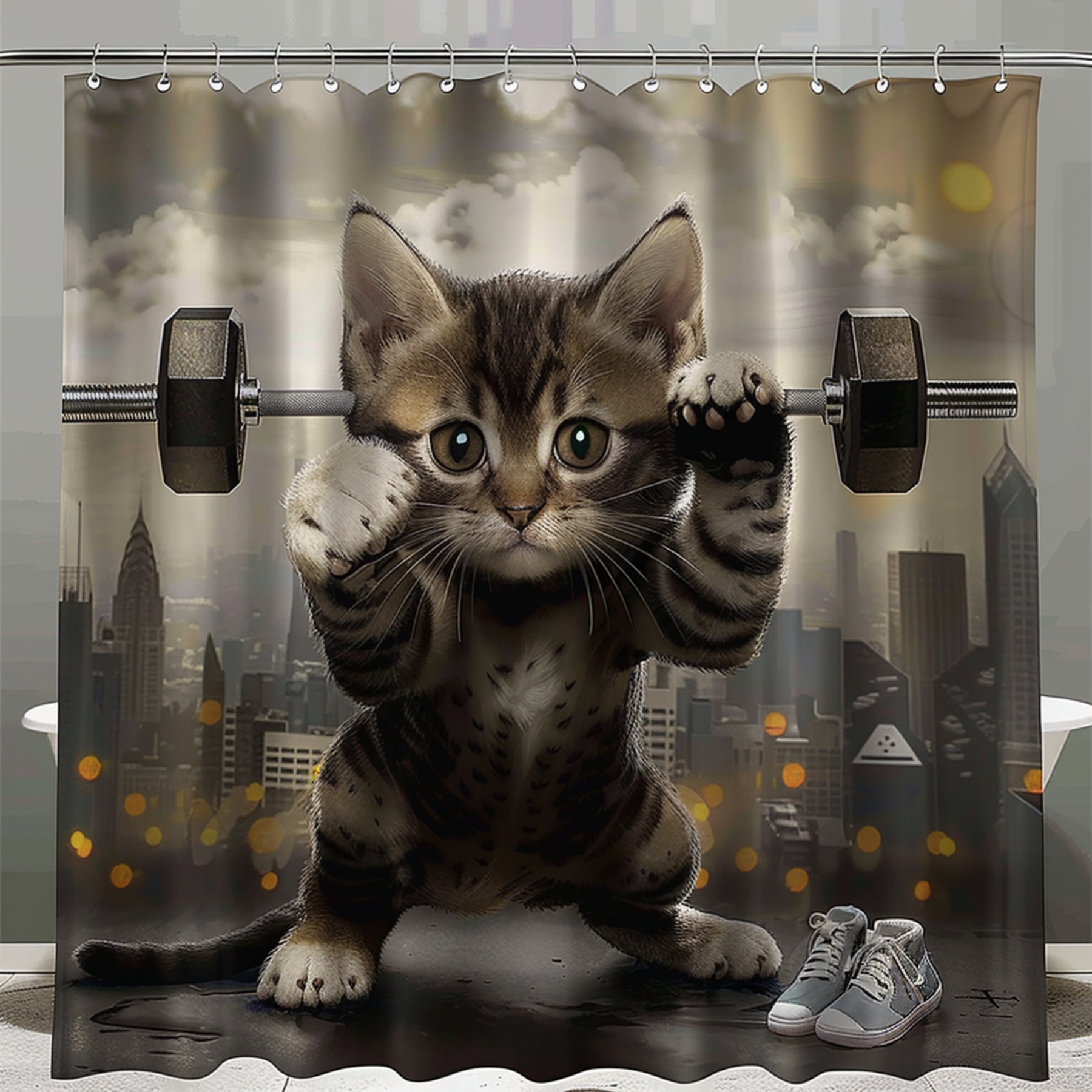Muscle Cat Gym Shower Curtain Fun Anthropomorphic Tabby Design