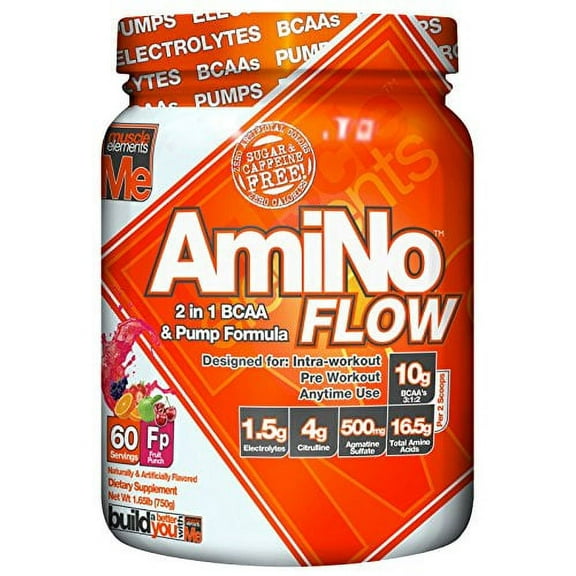Muscle Elements Amino Flow, Multi-Purpose BCAA & Nitric Oxide Booster for Muscle Fullness, Endurance and Protein Synthesis, Fruit Punch, 60 Serving
