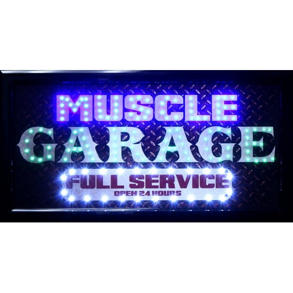 Muscle Garage Full Service Open 24 Hours Framed LED Sign