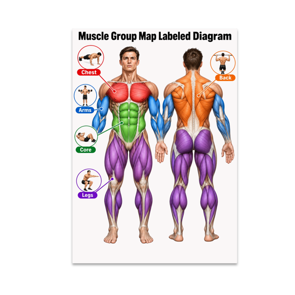 Muscle Group Map Labeled Diagram Guide - Anatomy Enthusiast - 13x19 Poster Print