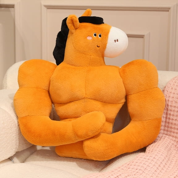 Muscle Horse Plush Pillow - Polyester, Funny Horse Stuffed Animal, Buff Horse Plush Toy, Large Horse Cushion Bro for Sofa/Bedroom Decor (15.7in) Muscle Horse Plush Pillow - Polyest