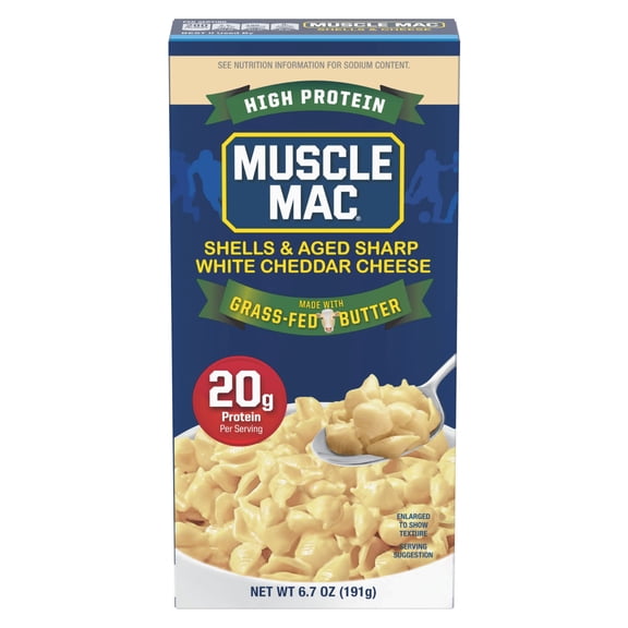 Muscle Mac High Protein Shells & Cheese Dinner, Made With Aged Sharp White Cheddar and Butter from GrassFed Cows, 20g of Protein, 6.7 oz