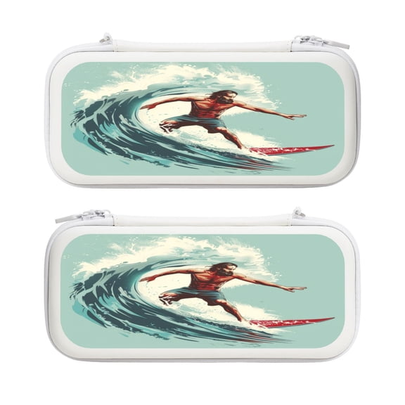 Muscle Man Surfing, Carrying Case For Nintendo Switch & OLED Version, Eva Lightweight Shockproof Protective Pouch Case for Game Console & Accessories with 10 Game Card Slot & Wristband, White