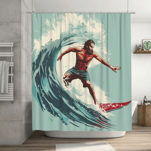 Muscle Man Surfing Shower Curtain 72X72In For Bathroom, Waterproof Fabric Quick Dry Soft Decoration Set