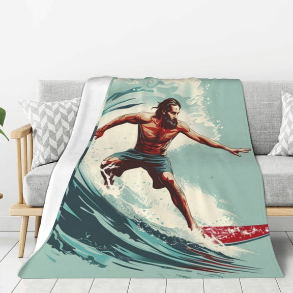 Muscle Man Surfing Throw Blanket for Stylish Warm Winter Cabin Ultra-Soft Micro Fleece Blanket, Premium Microfiber, Silky Soft, Plush, Warm and Lightweight for Couch, Sofa, Bed - 60"X50"