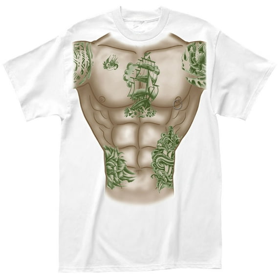 Muscle Man Tattoo with Real Nipple Ring White Adult T-shirt