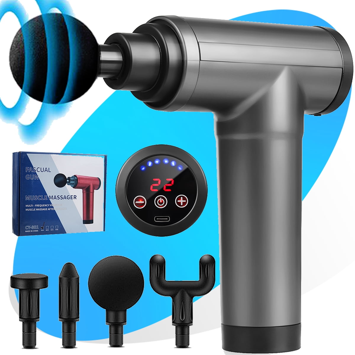 Muscle Massage Gun, Electric Percussion Massager Deep Tissue Massage with 22 Speeds & LCD Touch Screen, 4 Replacable Massage Heads Low Noise for Muscle Pain Relief