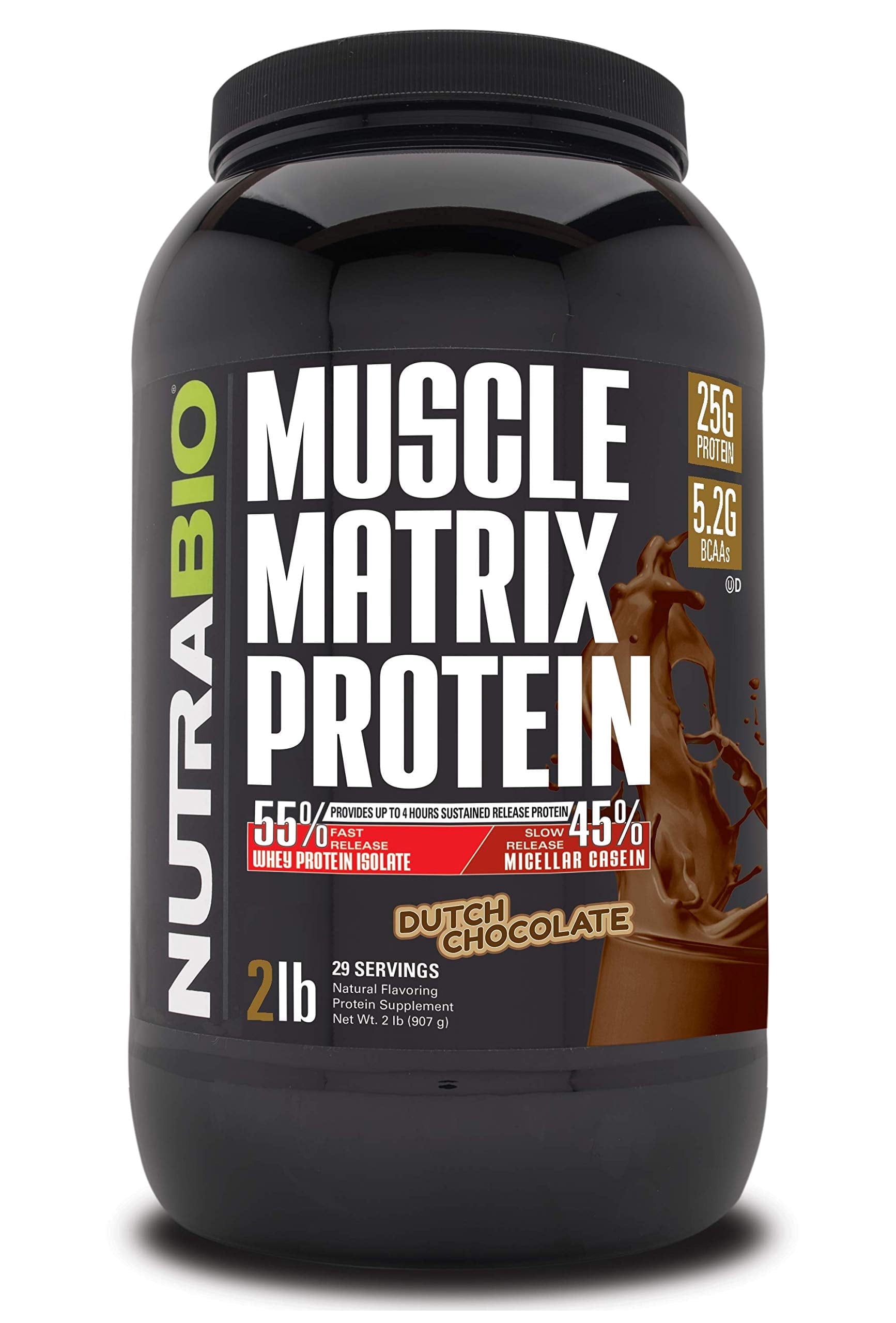NutraBio Muscle Matrix Protein Powder - 25g of Protein Per Scoop - Whey Isolate and Micellar Casein Combo for Fast and Slow Release - Dutch Chocolate- 2 Pounds, 28 Servings