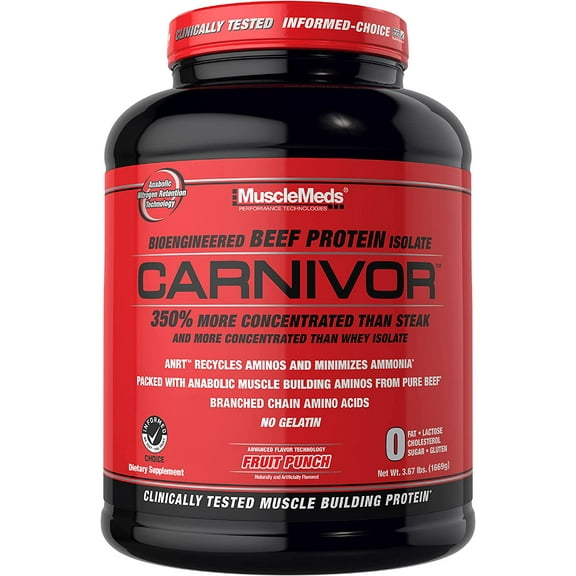 MuscleMeds Carnivor Beef Protein Isolate Powder – 23g Hydrolyzed Beef Protein, Sugar-Free & Lactose-Free – Fruit Punch Flavor, 4 lb, 56 Servings