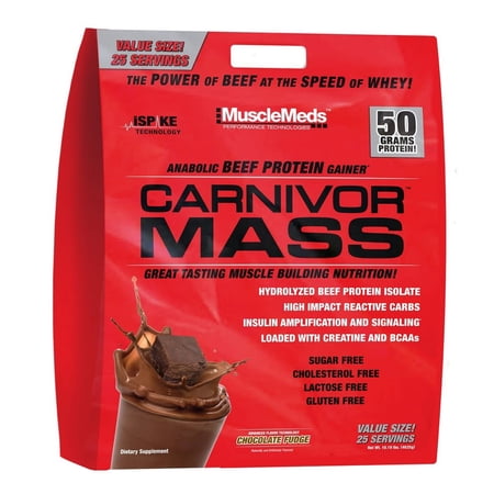 MuscleMeds Carnivor Mass Anabolic Beef Protein Gainer, Chocolate Fudge, 10.4 Pounds