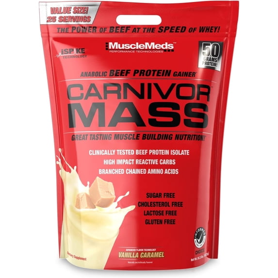 MuscleMeds Carnivor Mass Gainer – 50 g Beef Protein & 125 g Reactive Carbs – Sugar‑Free, Fat‑Free, Lactose‑Free – Vanilla Caramel, 10.3 lb