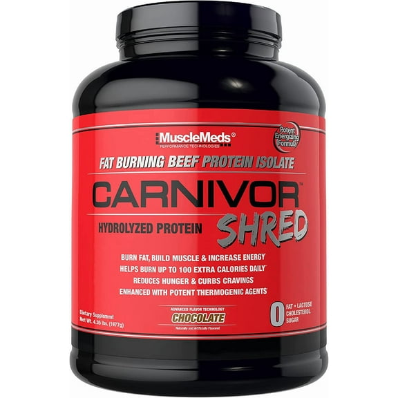 MuscleMeds Carnivor Shred Fat Burning Hydrolized Beef Protein Isolate, 0 Lactose, 0 Sugar, 0 Fat, Chocolate, 4.35 lbs