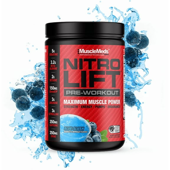 MuscleMeds Nitro Lift Pre-Workout Powder Nitric Oxide Booster for Energy, Focus & Pumps Sugar-Free Blue Slush Flavor, 30 Servings