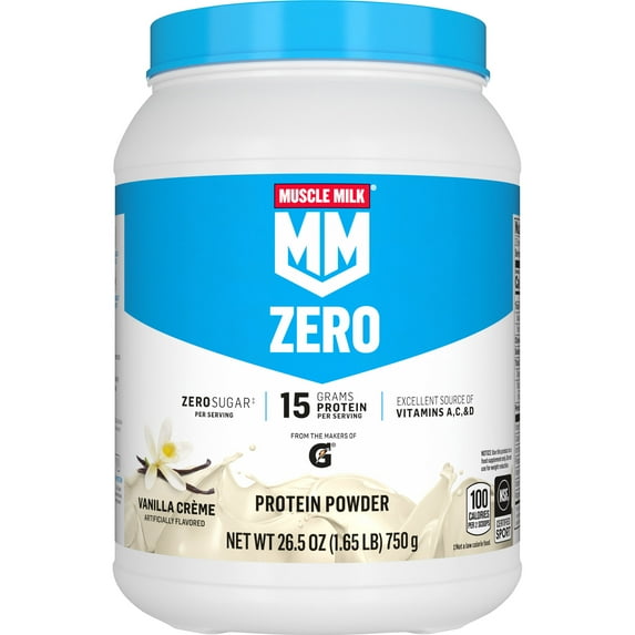 Muscle Milk Zero Protein Powder, 100 Calorie Zero Sugar, Vanilla Creme Flavor, 1.65 Pound Canister