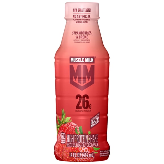 Muscle Milk No Artificial Flavors, Sweeteners, or Added Colors Strawberries 'N Crme High Protein Shake, 14 fl oz Bottle