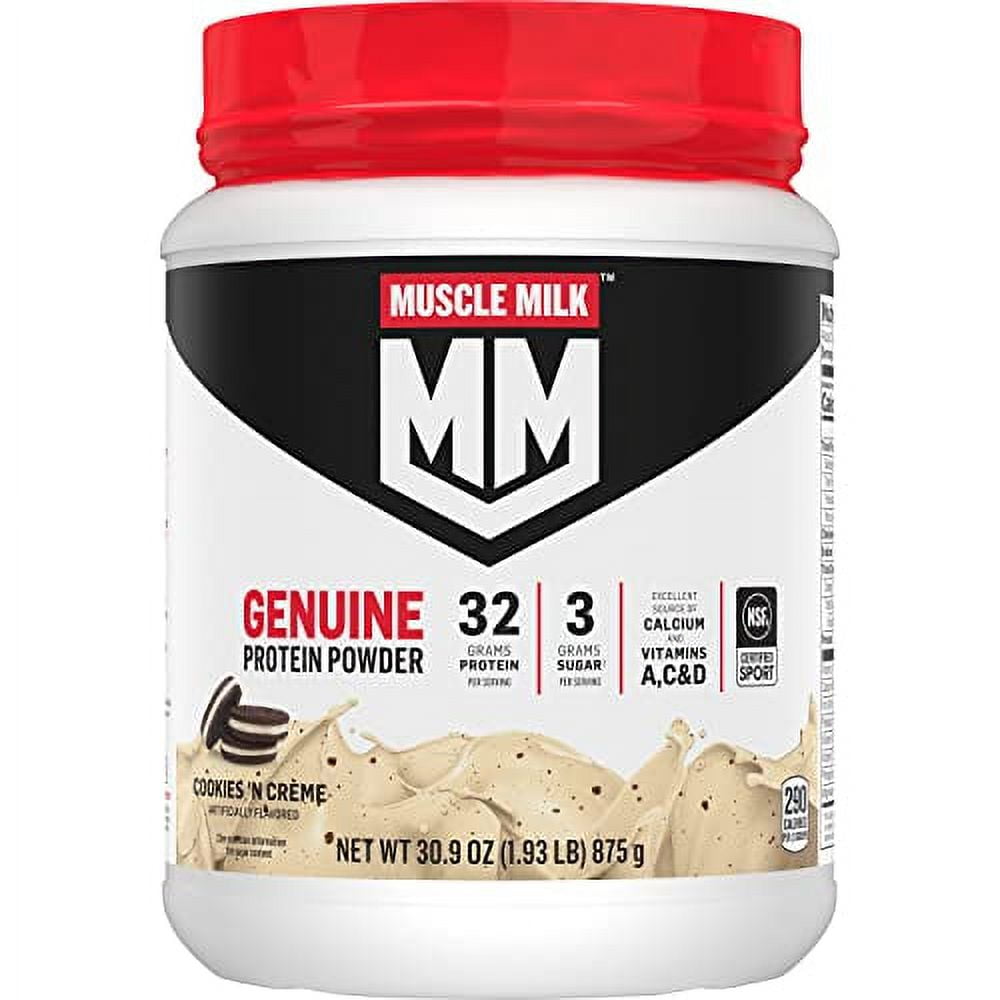 Muscle Milk Genuine Protein Powder, Cookies 'N Crme, 1.93 Pounds, 12 Servings, 32g Protein, 3g Sugar, Calcium, Vitamins A, C & D, NSF Certified for Sport, Energizing Snack, Packaging May Vary