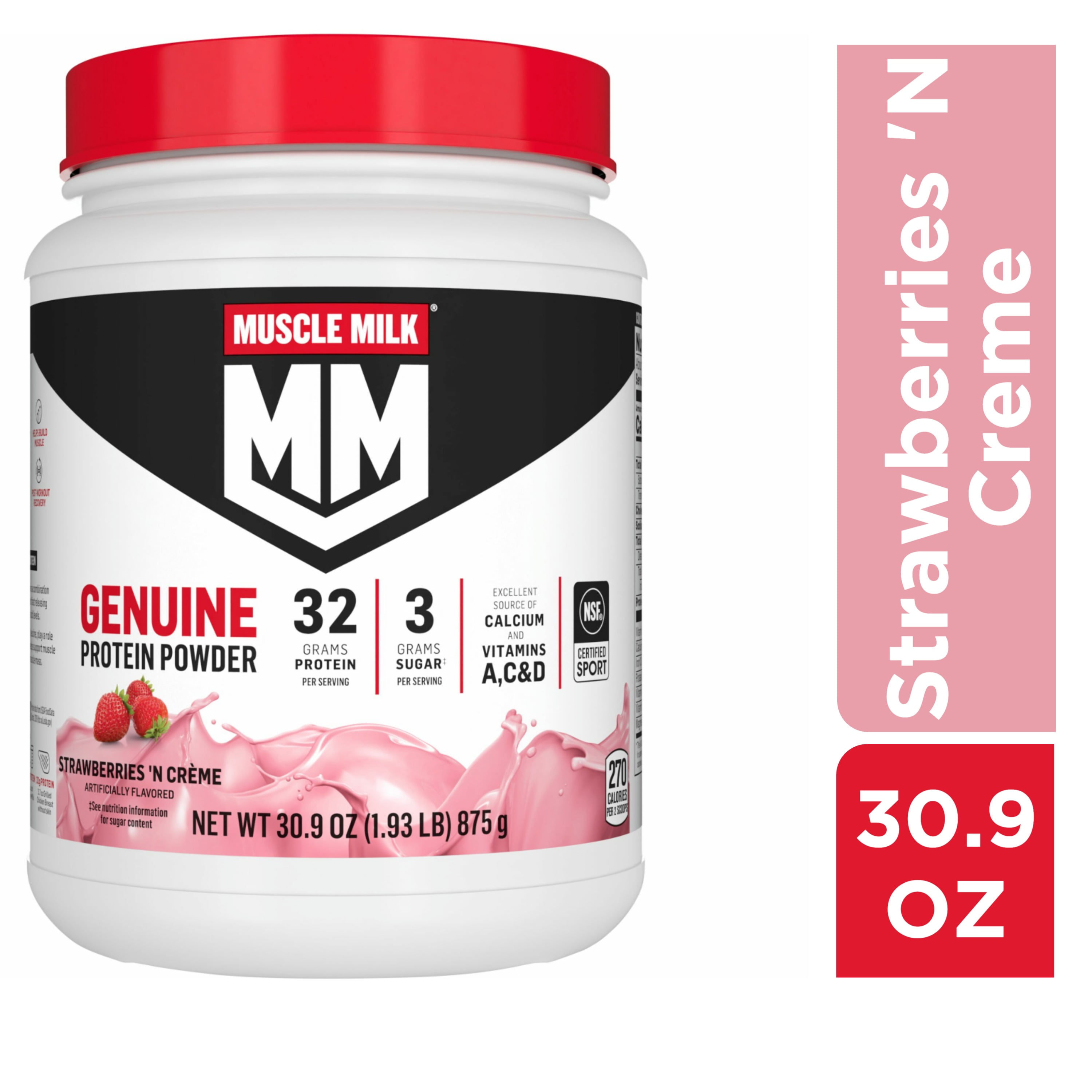 Muscle Milk Genuine Protein Powder, Strawberries 'N Crme, 32g Protein, 1.93lb, 30.9oz