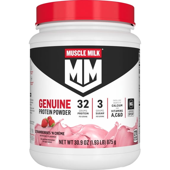 Muscle Milk Genuine Protein Powder, Strawberries 'N Crème, 32g Protein, 1.93lb, 30.9oz
