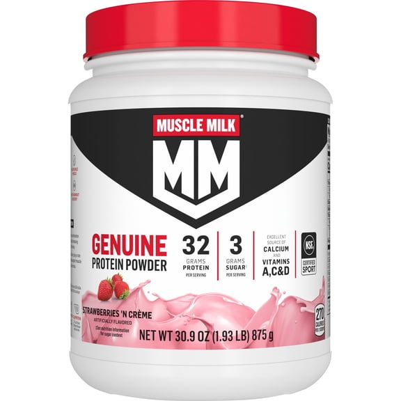 Muscle Milk Genuine Protein Powder, Strawberries 'N Crme, 32g Protein, 1.93lb, 30.9oz