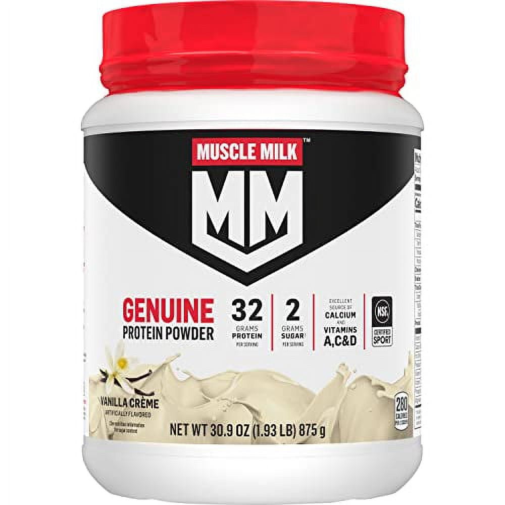 Muscle Milk Genuine Protein Powder, Vanilla Crme, 1.93 Pounds, 12 Servings, 32g Protein, 2g Sugar, Calcium, Vitamins A, C & D, NSF Certified for Sport, Energizing Snack, Packaging May Vary