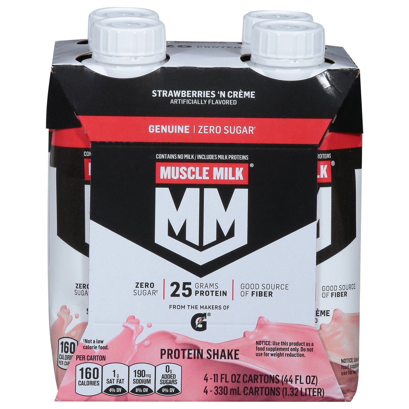 Muscle Milk Genuine Zero Sugar 25g Protein Shakes 4 pk Bottles - Strawberries 'N Creme - 11 oz (Packaging May Vary)