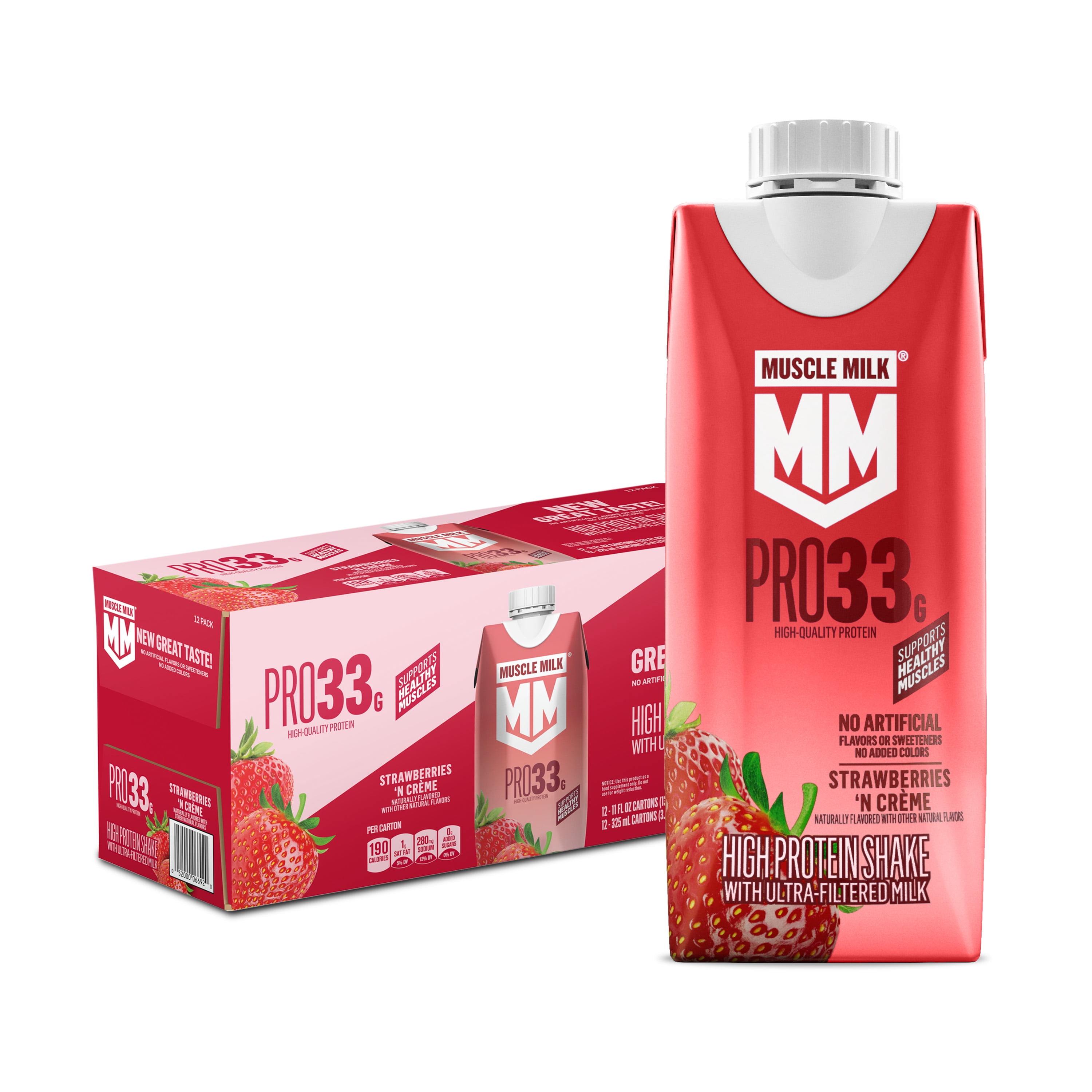 Muscle Milk Pro 33g High Protein Shake Ultra Filtered Milk, Strawberries N Creme, 11 fl oz, 12 pack