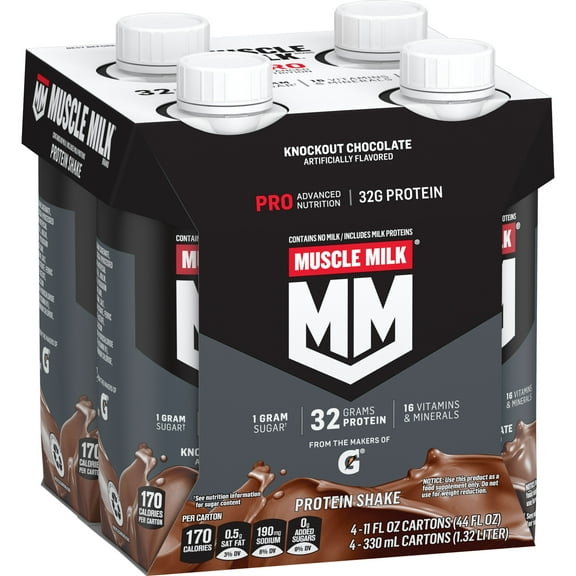 Muscle Milk Pro Advanced Nutrition Protein Shake, Knockout Chocolate, 11 fl oz Bottle, 4 Pack