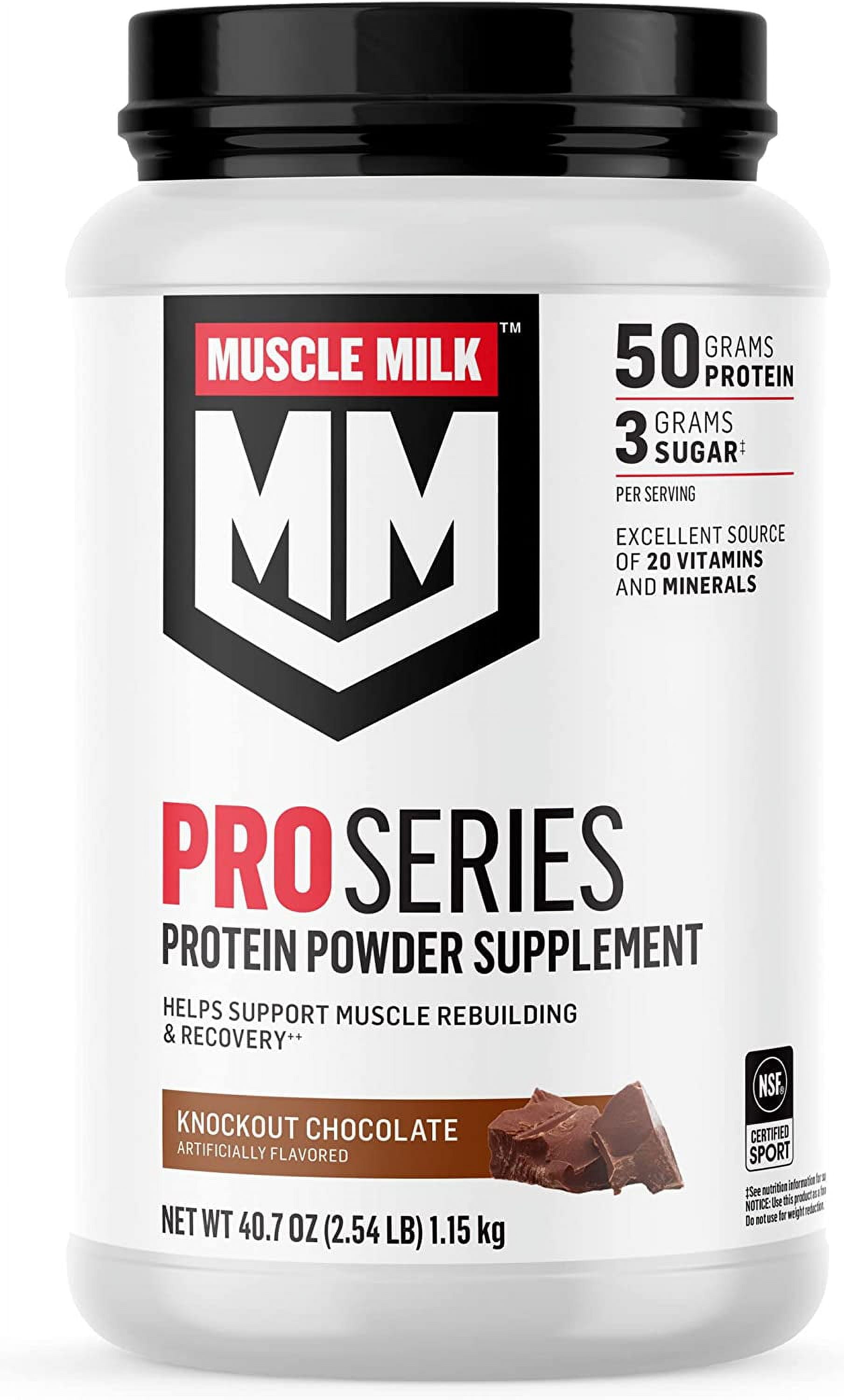 Muscle Milk Pro Series Protein Powder Supplement, Knockout Chocolate, 2.54  Pound, 14 Servings, 50g Protein, 3g Sugar, 20 Vitamins & Minerals, NSF