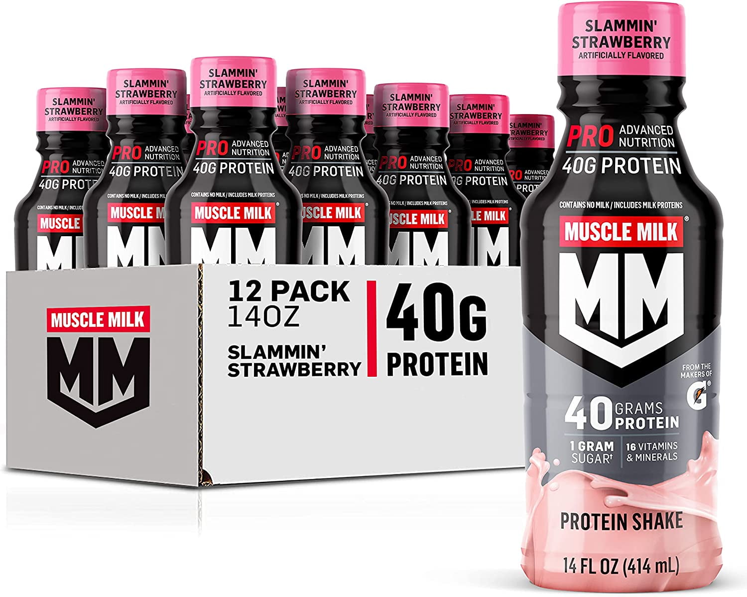 Muscle Milk Pro Series Protein Shake, Slammin' Strawberry, 40g Protein, 14 Fl Oz, 12 Pack Strawberry 14 Fl Oz (Pack of 12)