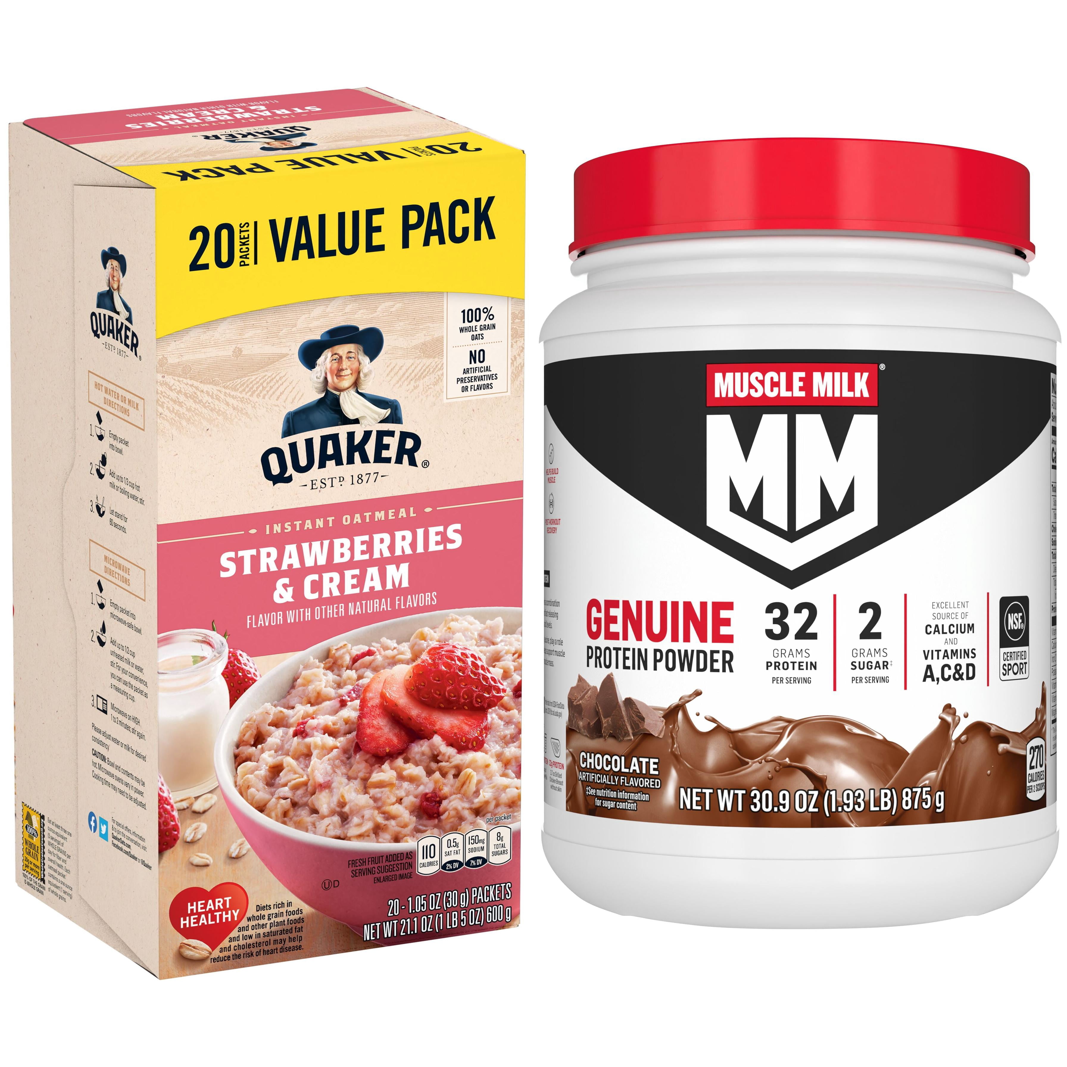 Muscle Milk Genuine Protein Powder, Chocolate, 1.93 Pound, 12 Servings +  Quaker ,Instant Oatmeal, Strawberry & Cream, 1.1 oz, 20 Packets
