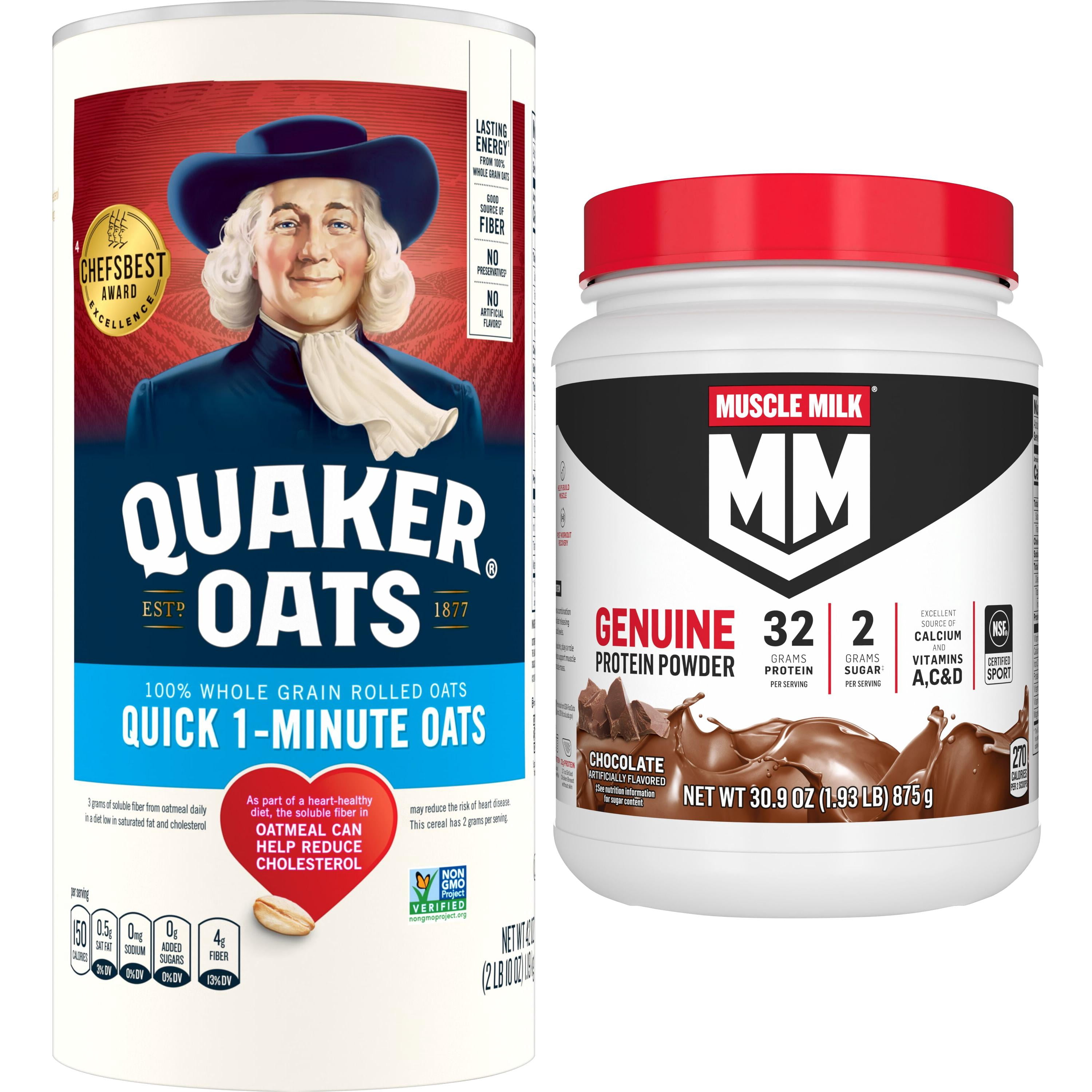 Muscle Milk Genuine Protein Powder, Chocolate, 1.93 Pound, 12 Servings +  Quaker, Quick 1 Minute Oats, Oatmeal, Quick Cook Oatmeal, 42 oz Canister Dry Oats