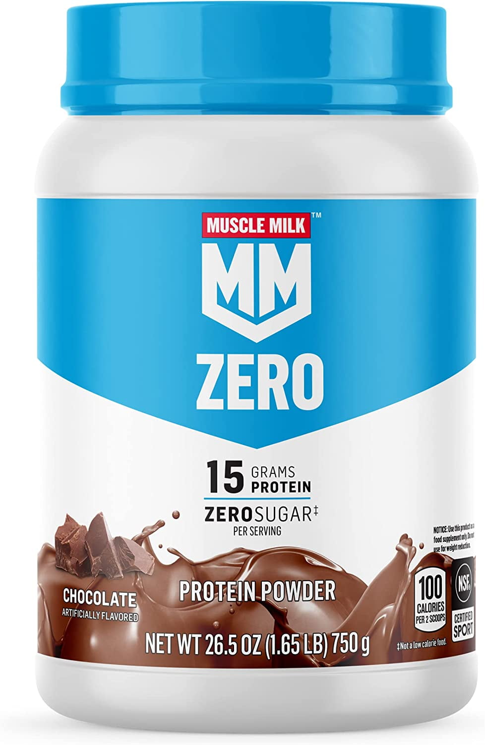 Muscle Milk Zero Protein Powder, Chocolate, 1.85 Pound, 25 Servings, 15g Protein, Zero Sugar, 100 Calories, Calcium, Vitamins A, C & D, NSF Certified for Sport, Energizing Snack, Packaging May Vary