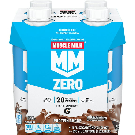 Muscle Milk Zero Protein Shake, Chocolate, 11.16 fl oz Bottle, 4 Pack