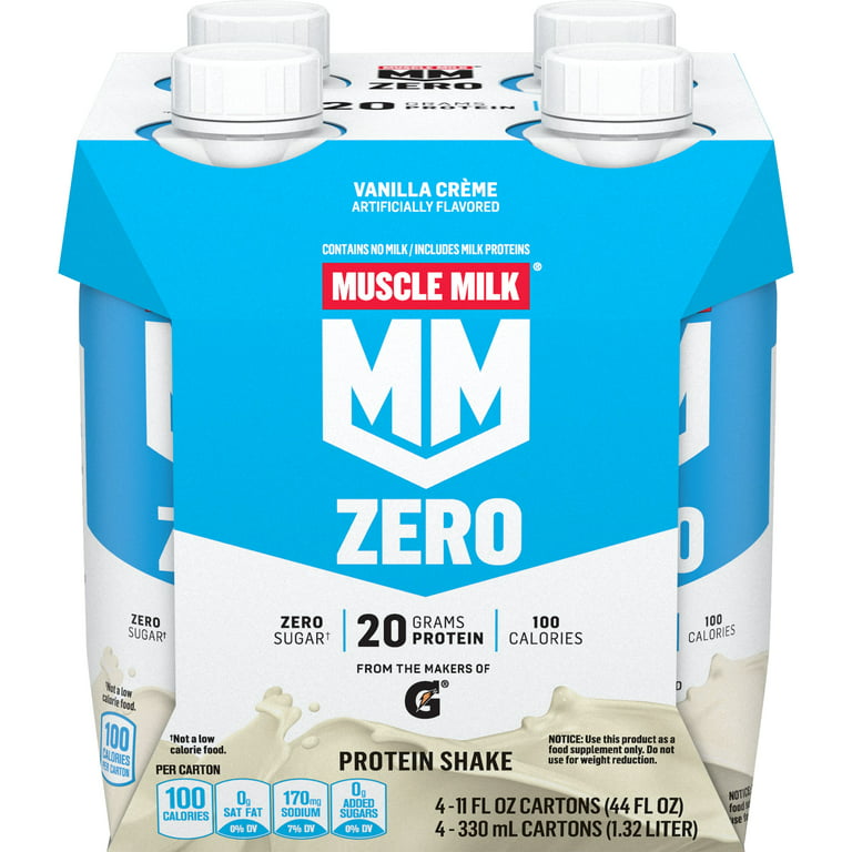succes Rennen Zelden Muscle Milk Zero Protein Shake Vanilla Creme, 11.16 Fl Oz Bottle, 4 Pack,  20g Protein, Zero Sugar, 100 Calories, Calcium, Vitamins A, C & D, 4g  Fiber, Energizing, Workout Recovery, Packaging May