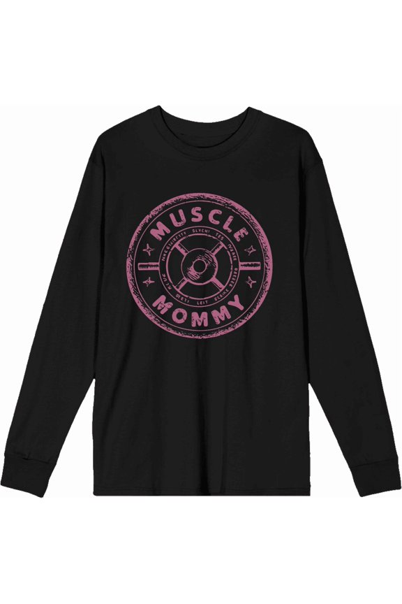 Muscle Mommy Weight Plate Adult Black Crew Neck Long Sleeve Tee-Large