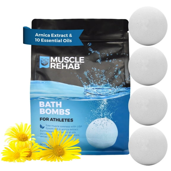 Muscle Rehab Magnesium Epsom Salt Arnica Bath Bombs - Fast-Absorbing Muscle Soak for Sore Muscles, Stiffness and Pain- Hand and Foot Soak Bombs - Athletic Recovery Bath - 4 pk 4oz ea