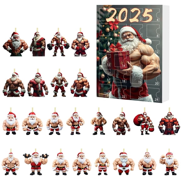 Muscle Santa Advent Calendar 2025 - 24 Days Christmas Countdown Calendar with 2D Acrylic Hanging Ornaments, Unique Tree Decorations for Home, Party, Classroom Seasonal Decor