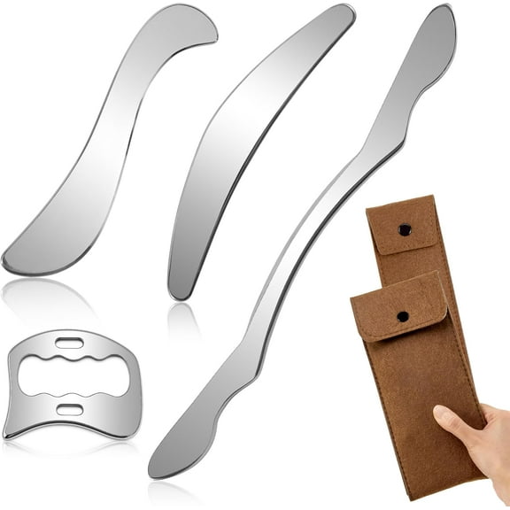 Muscle Scraper Tool, 4 in 1 Gua Sha Body Tool with Long Bar and Derma Edge for Physical Therapy, Multi-Functional Stainless Steel Gua Sha Tool with Storage Bag for Elbows, Wrists, Knees, and Back