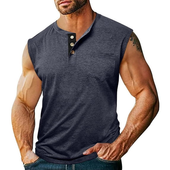 Muscle Shirts for Men, Fashion Solid Color Pocket Button Round Sleeveless Neck Tank Tops Workout Gym Slim Fit Shirt Casual Basic Summer Beach Tops