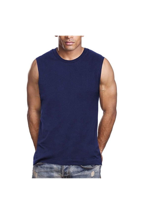 Muscle Sleeveless Workout Shirts Tank Tops for Men | Athletic Gym Bodybuilding Training Compression Tops - 100% Cotton (Large, Navy)