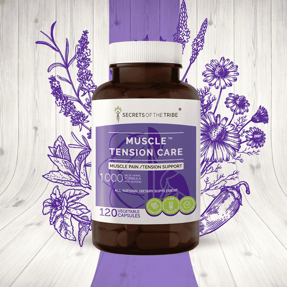 Secrets of the Tribe Muscle Tension Care Capsules Dietary Supplement, Natural Herb Blend, Made from Chamomile, Ancho Pepper, Peppermint, Blue Vervain, Lavender, Valerian 120 Count