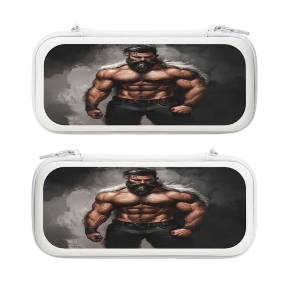 Muscle Wild Man (3), Carrying Case For Nintendo Switch & OLED Version, Eva Lightweight Shockproof Protective Pouch Case for Game Console & Accessories with 10 Game Card Slot & Wristband, White
