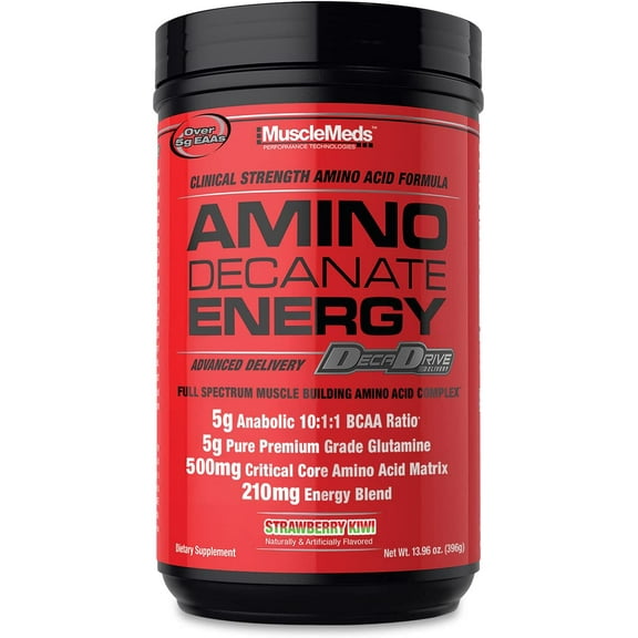 MuscleMeds Amino DECANATE Energy, Pre, Intra Workout Drink, Essential Amino Acids, BCAAs, High Leucine, Glutamine, Muscle Recovery, Strawberry Kiwi, 30 Servings