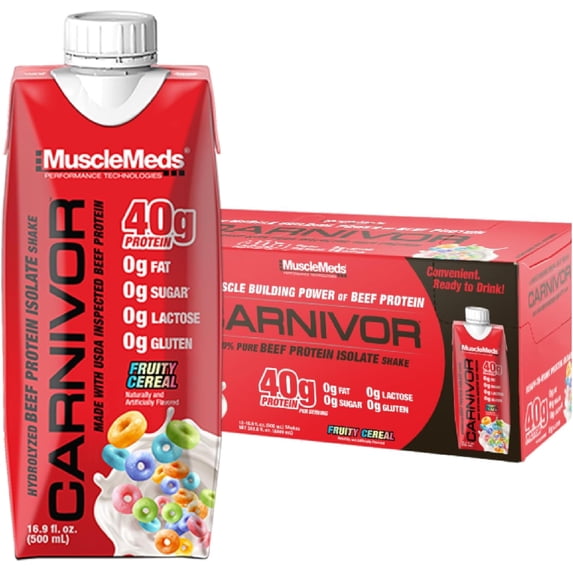 MuscleMeds Carnivor Ready to Drink Beef Protein, 40g Isolate, Lactose & Sugar Free, Fruity Cereal, 16.9oz (12 Pack)