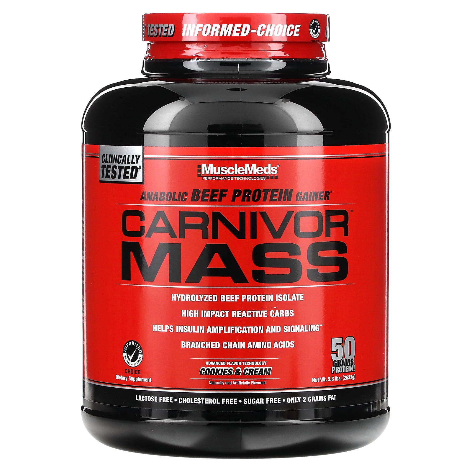 MuscleMeds Carnivor Mass, Anabolic Beef Protein Gainer, Cookies & Cream, 5.8 lbs (2,632 g)